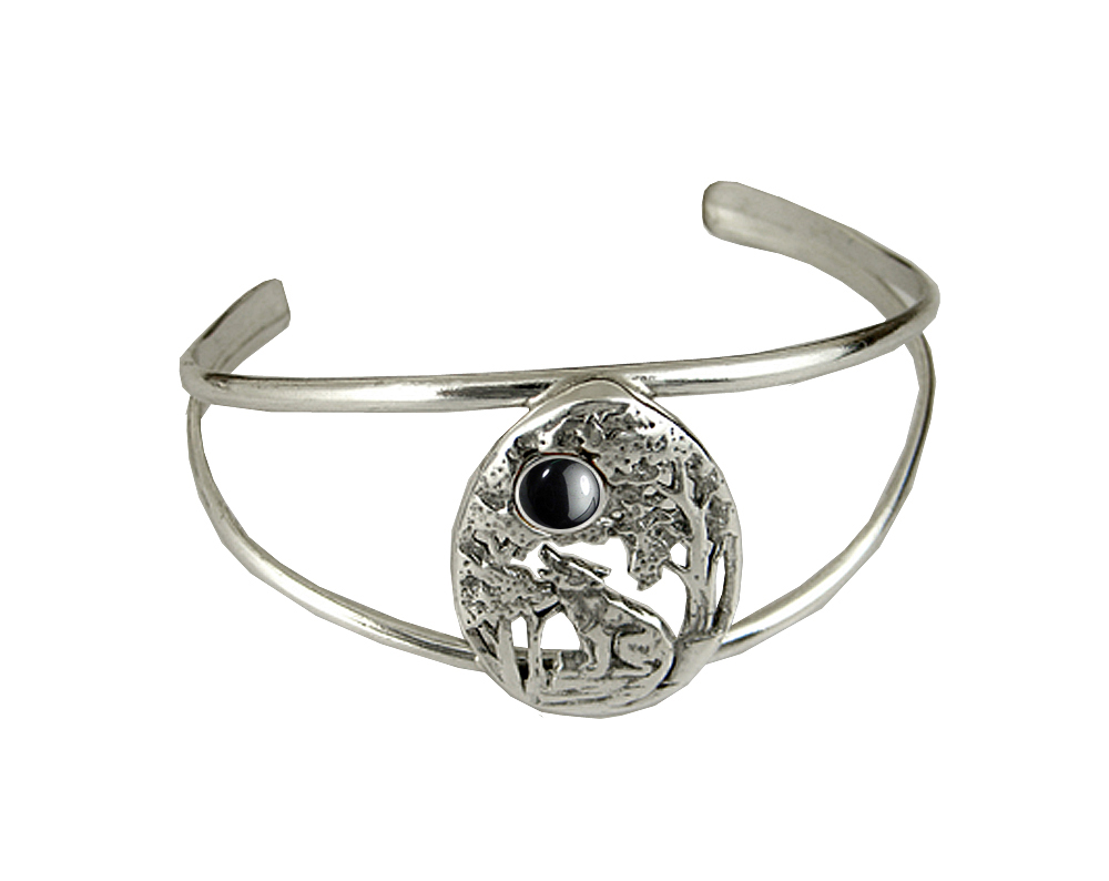 Sterling Silver Howling Wolf Cuff Bracelet With Hematite